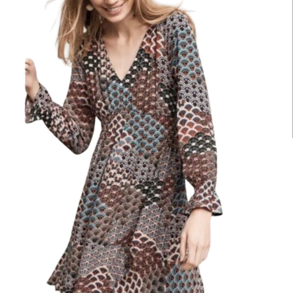 Maeve By Anthropologie Monaco Multipattern Floral Scalloped Print Dress Size XS